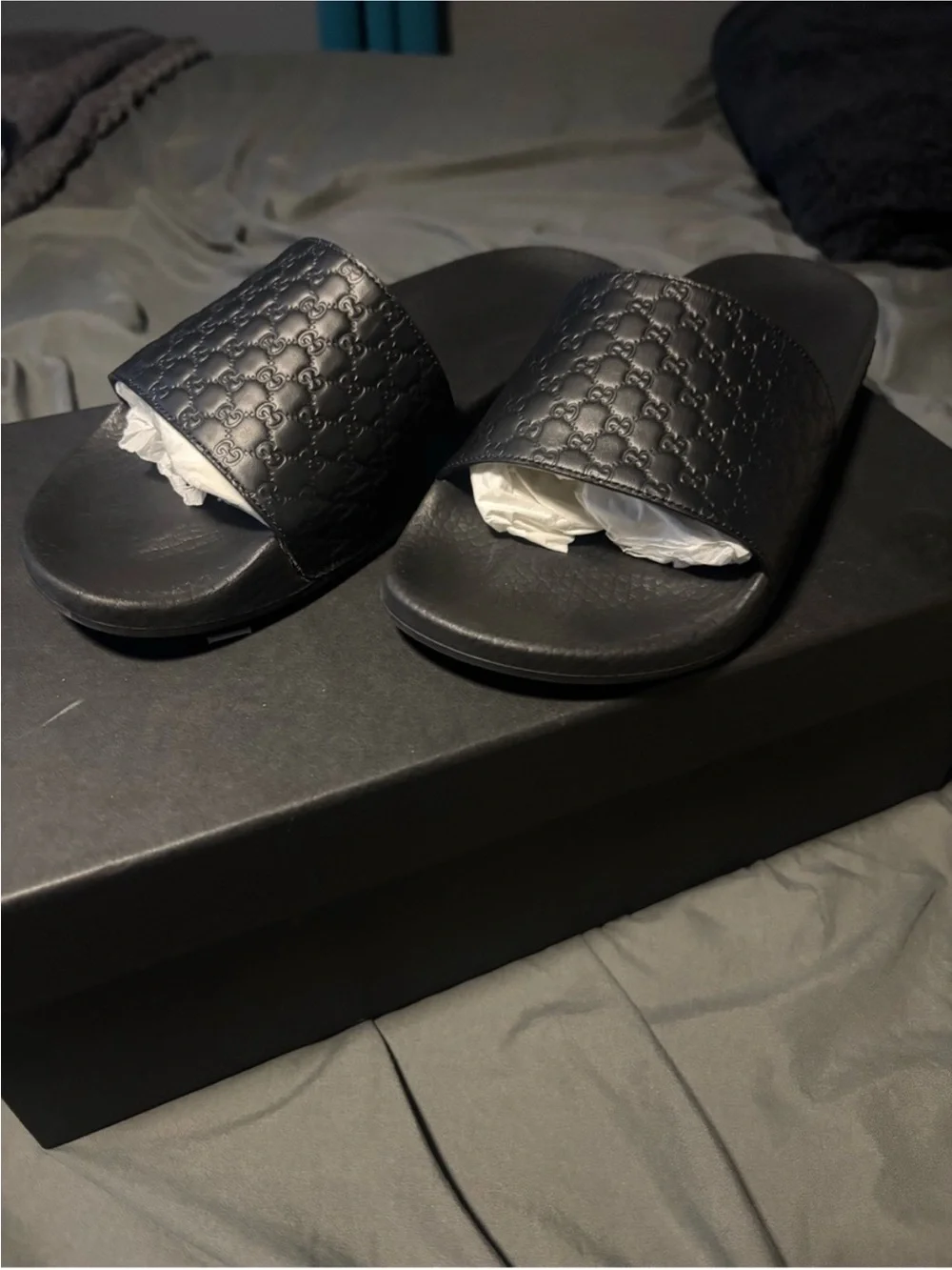 Gucci Black Embossed GG Slide Sandals - Men's US Size. 7